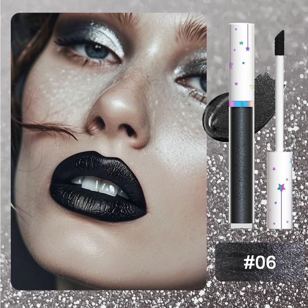 evpct 1Pcs Black Metallic Shimmer Glitter Lip Gloss Liquid Lipstick Long Lasting Waterproof 24