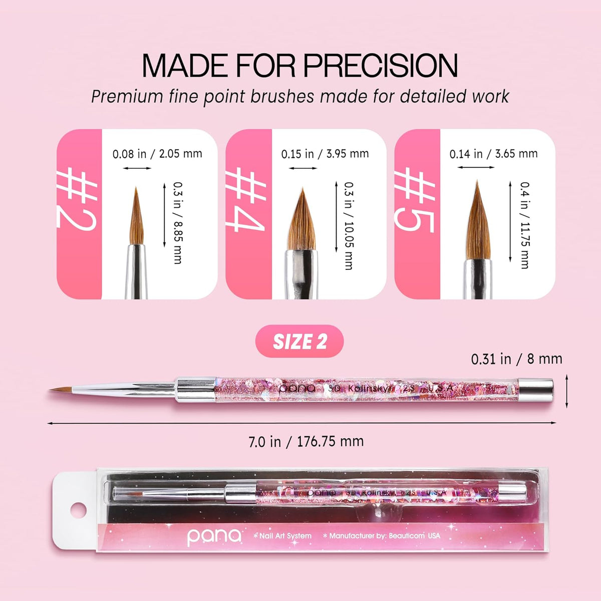 PANA 3D Kolinsky Nail Art Brush - Pink Glitter Handle, Size 2 - Acrylic Nail Art Sculpture Brush