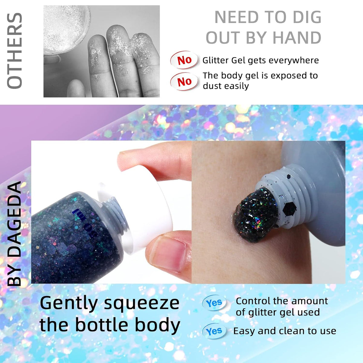DAGEDA Body Glitter Gel, Face Glitters Body Gel Sequins Shimmer Liquid Eyeshadow, Chunky Glitter