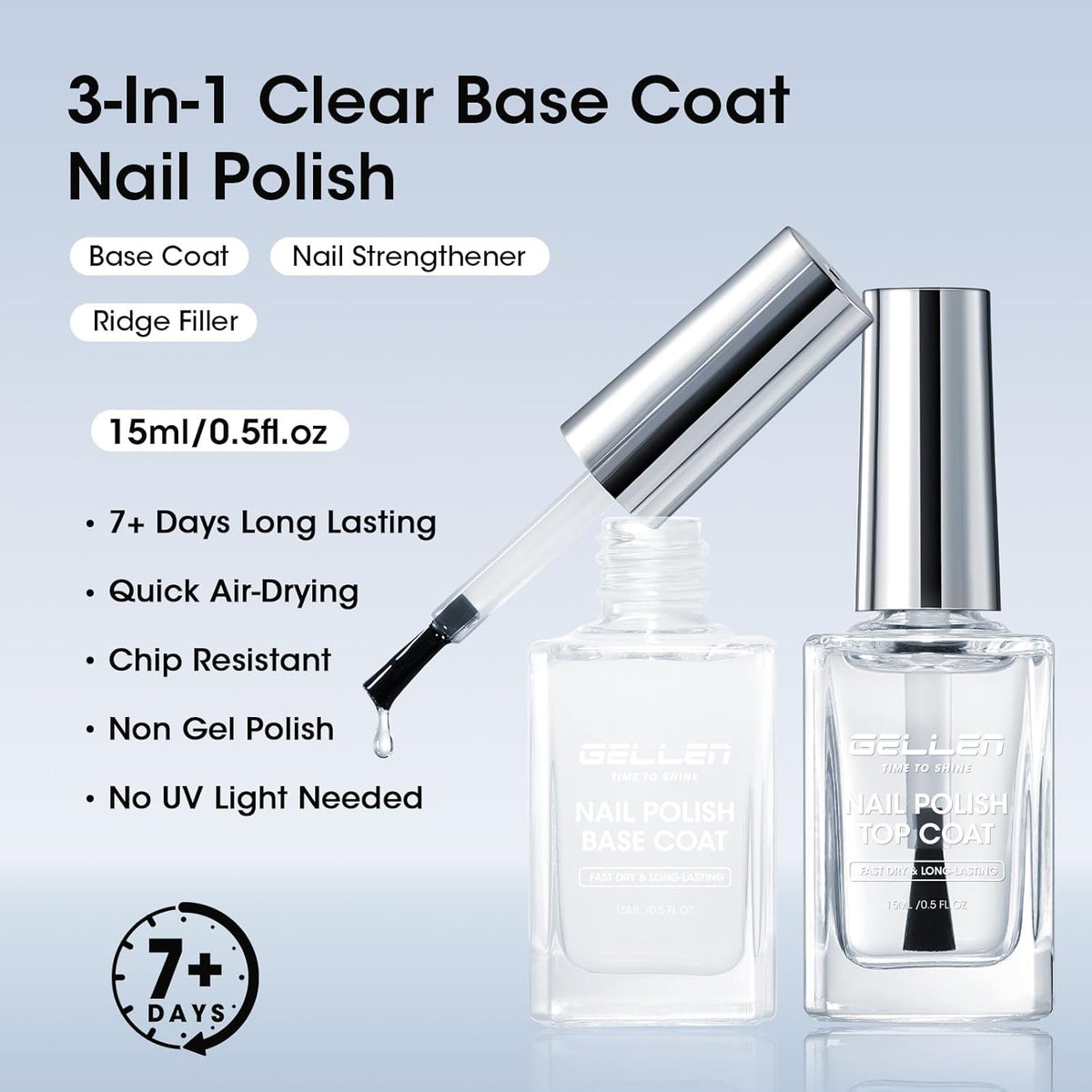 GELLEN Clear Nail Polish Base Top Coat, No Wipe High Gloss Shine Top Coat Quick Dry, Sheer Nail