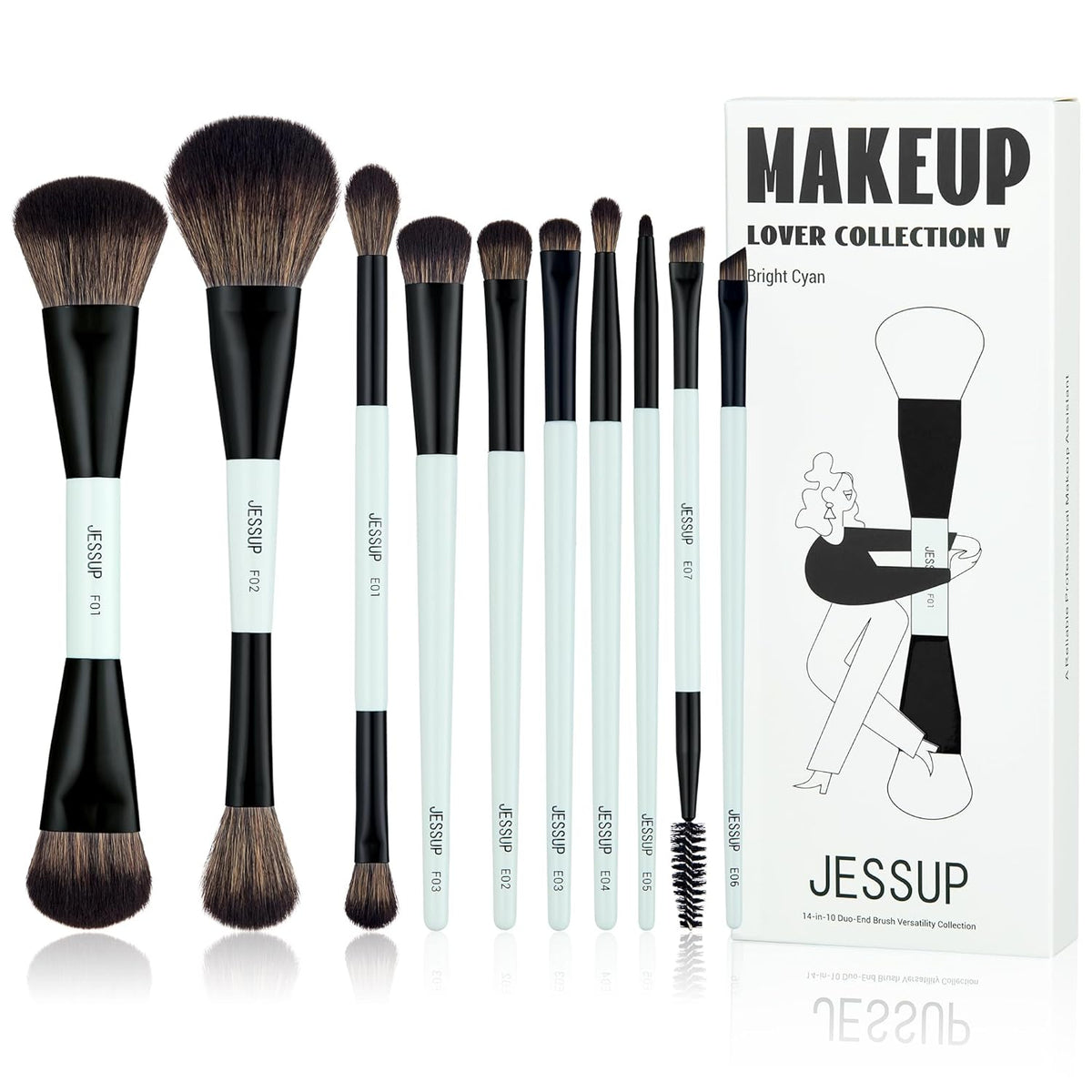 Jessup Makeup Brushes Set 10pcs, Double Sided Foundation Contour Blush Highlight Blending Eyebrow