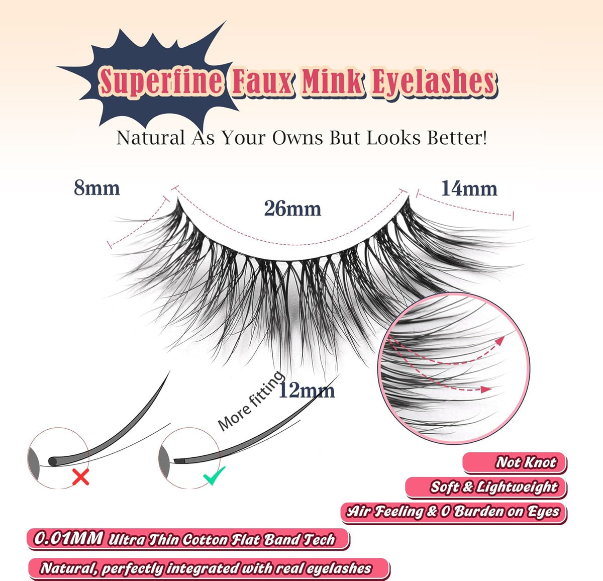 Natural Cat Eye Lashes Wispy Eyelashes 14mm Lightweight False Eyelashes 3D Volume Natural Strip