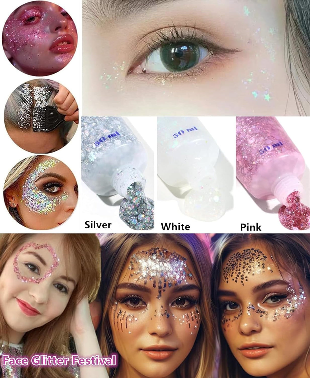 Go Ho White Pink and Silver Face Body Glitter Gel Set,Mermaid Face Paint,Holographic Long Lasting