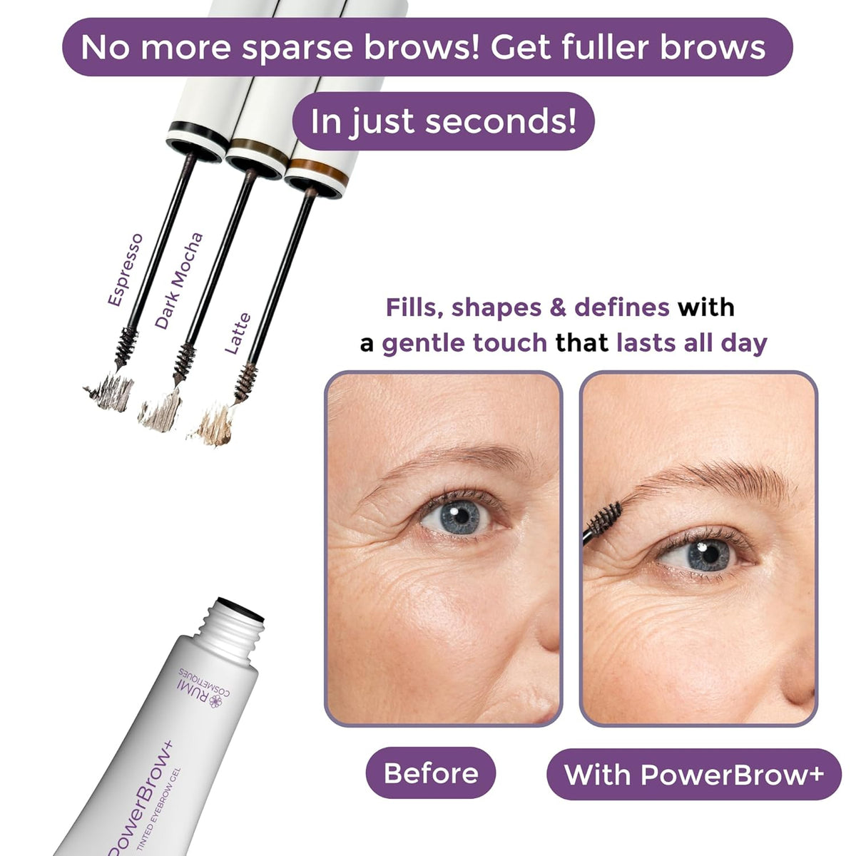 PowerBrow+ Tinted Eyebrow Gel For Older Women - Defines, Fills, Thickens Brows - 2-in-1 Formula