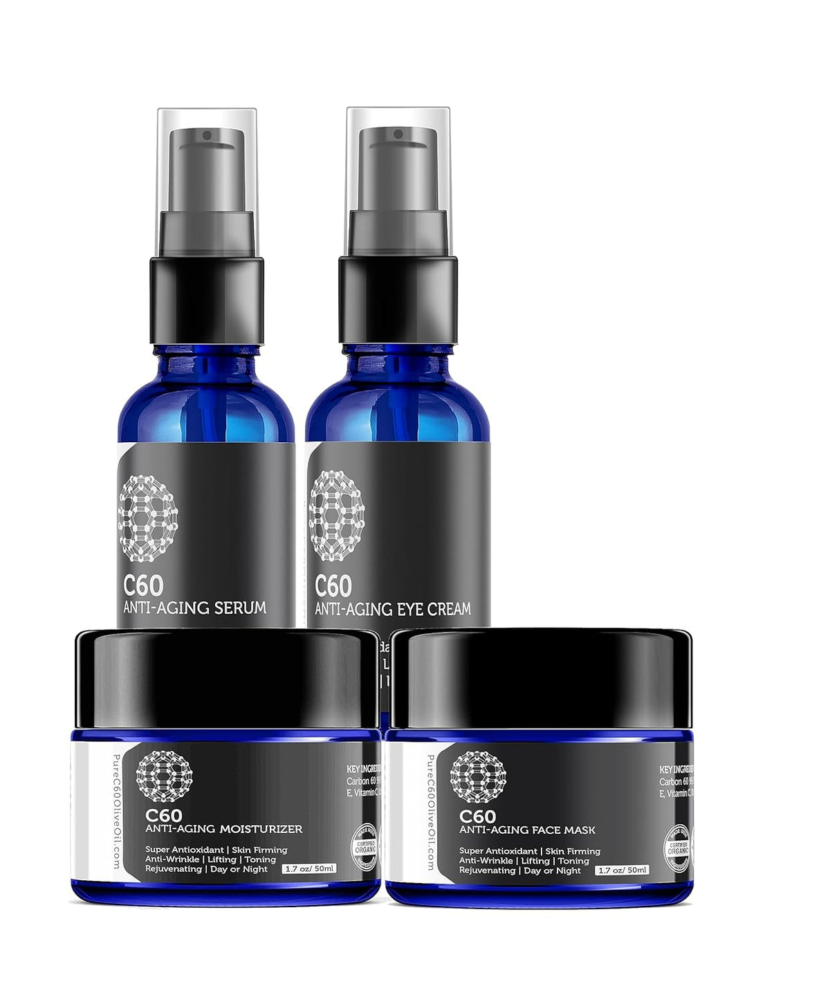 C60 Complete Skin Care Solution - Anti Aging Moisturizer, Mask, Eye Cream and Serum with Carbon 60