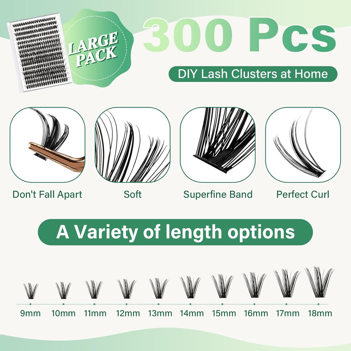 KEYYOU Lash Extension Kit DIY 300Pcs Lash Clusters Eyelash Extension Kit 50D C Curl 9-18MIX Lash