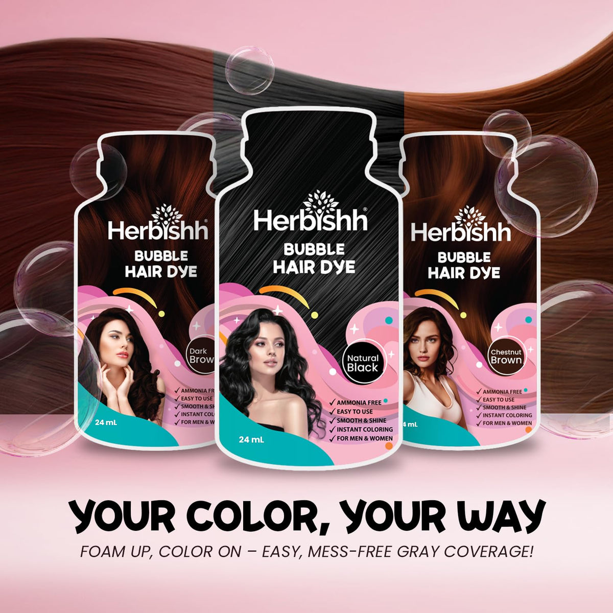Herbishh Bubble Foam Hair Dye Shampoo, 3 in 1 Dye for 100% Grey Coverage, Permanent Hair Coloring