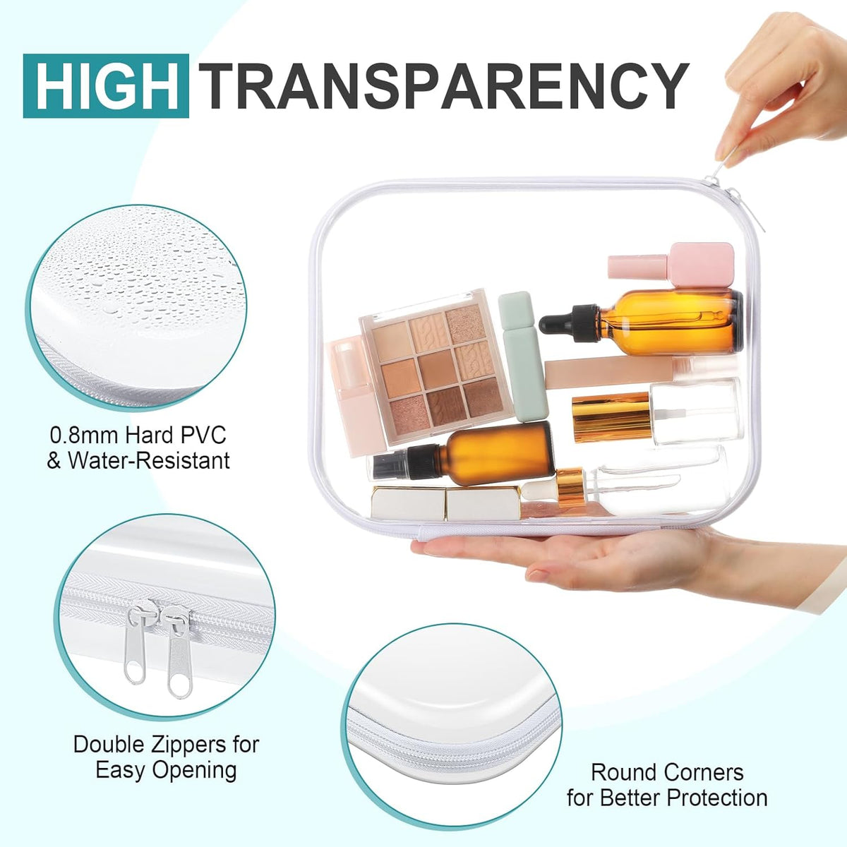 Hoolerry 3 Pcs Clear Hard Zipper Case Plastic Pouch Transparent Hard Case Clear Makeup Bag Portable