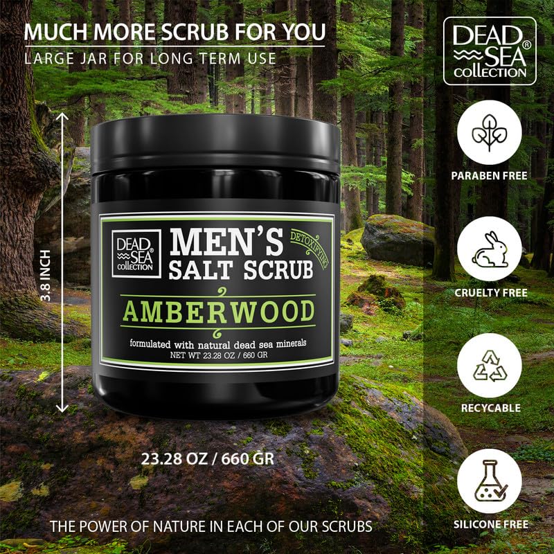 Salt Body Scrub Amberwood For Men – Moisturizes, Exfoliates & Nourishes Skin – Cleanses &