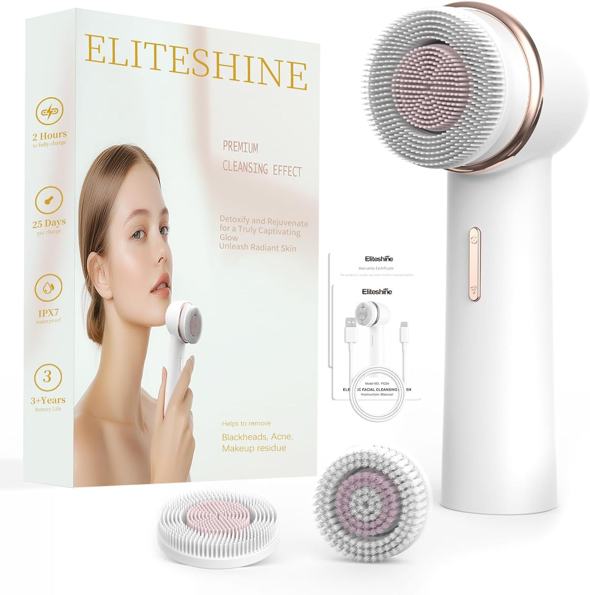 Electric Facial Cleansing Brush with Silicone and Bristle Brushheads,Gentle Electric Face Scrubber