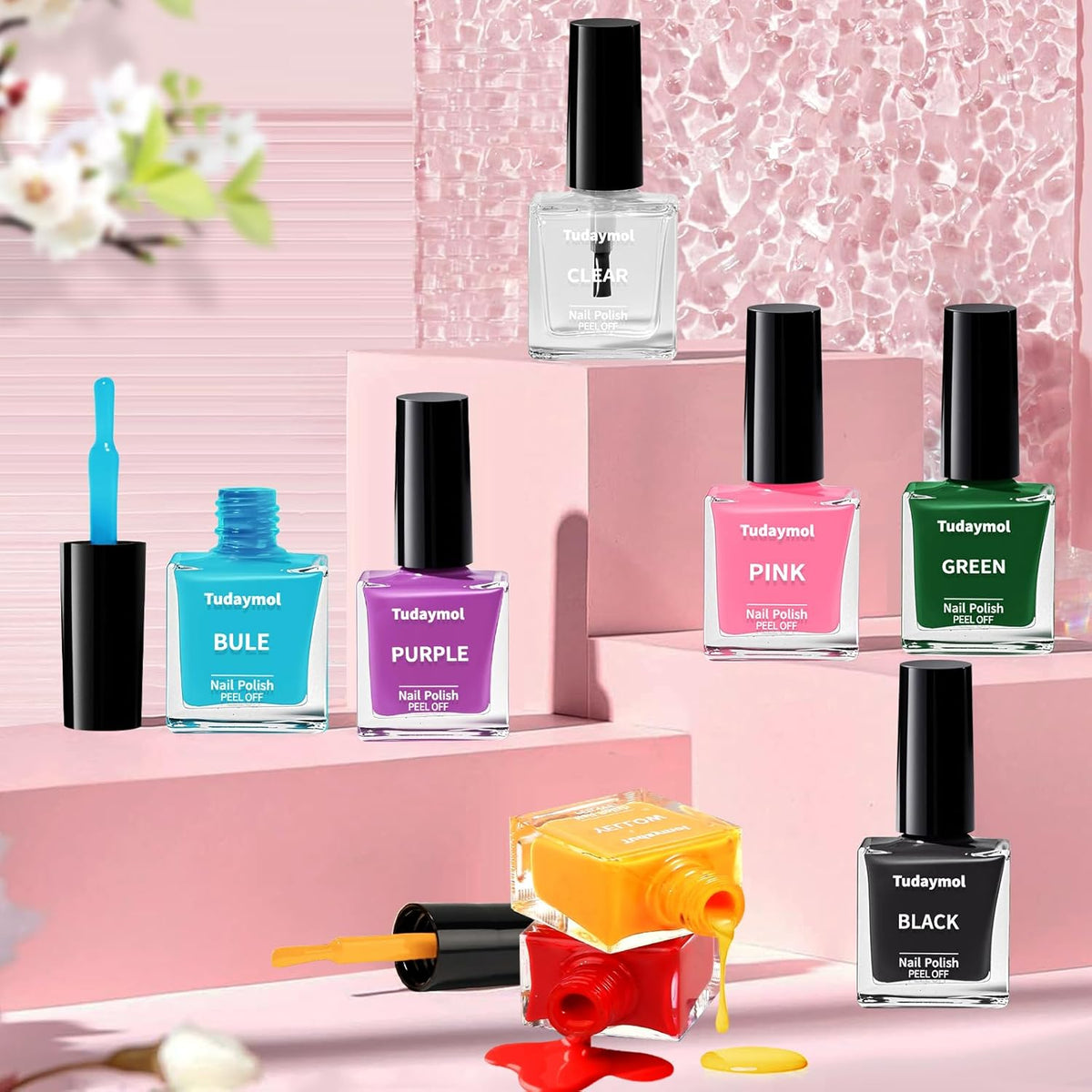 Tudaymol Nail Polish Set for Kids - Water-Based Peelable Polish-8 Colors with Glitter, Gems