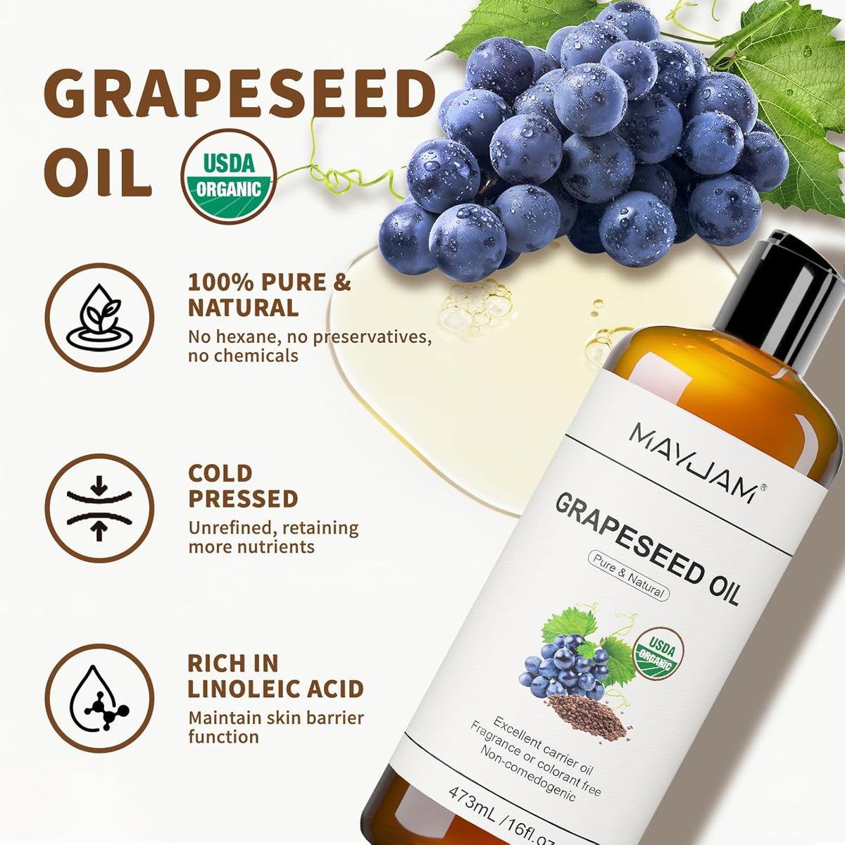 Organic Grapeseed Oil for Skin & Hair 16 oz, USDA Certified 100% Pure & Natural Grape Seed Oils