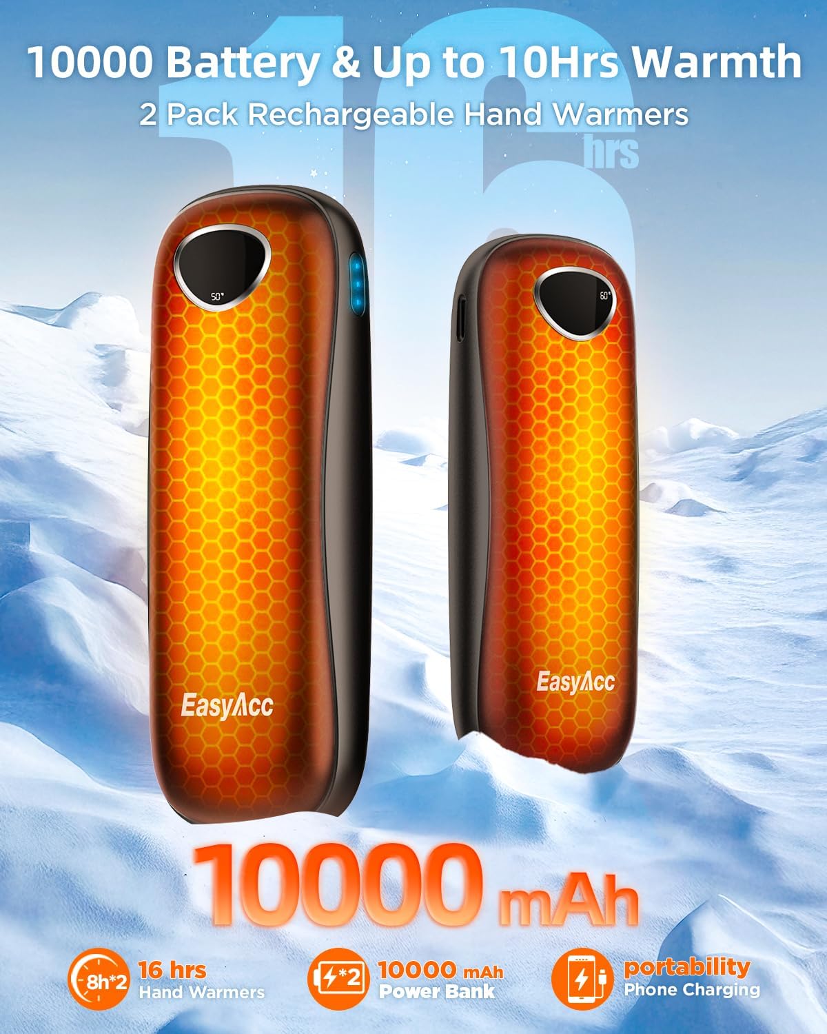 EasyAcc® Pocket Size Hand Warmers Rechargeable, Golf Hunting Hand Warmers, Real 16 Hrs Warmth, Heat