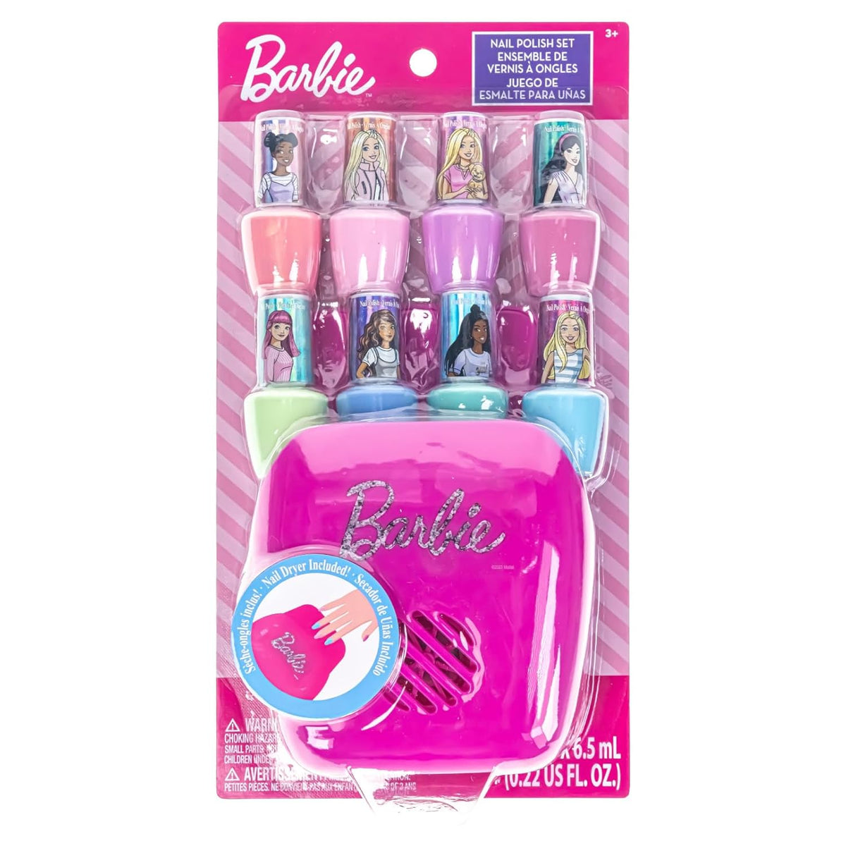 Townley Girl Barbie 8 Piece Nail Polish Set with Nail Dryer for Kids, Peel-Off Water-Based, Safe