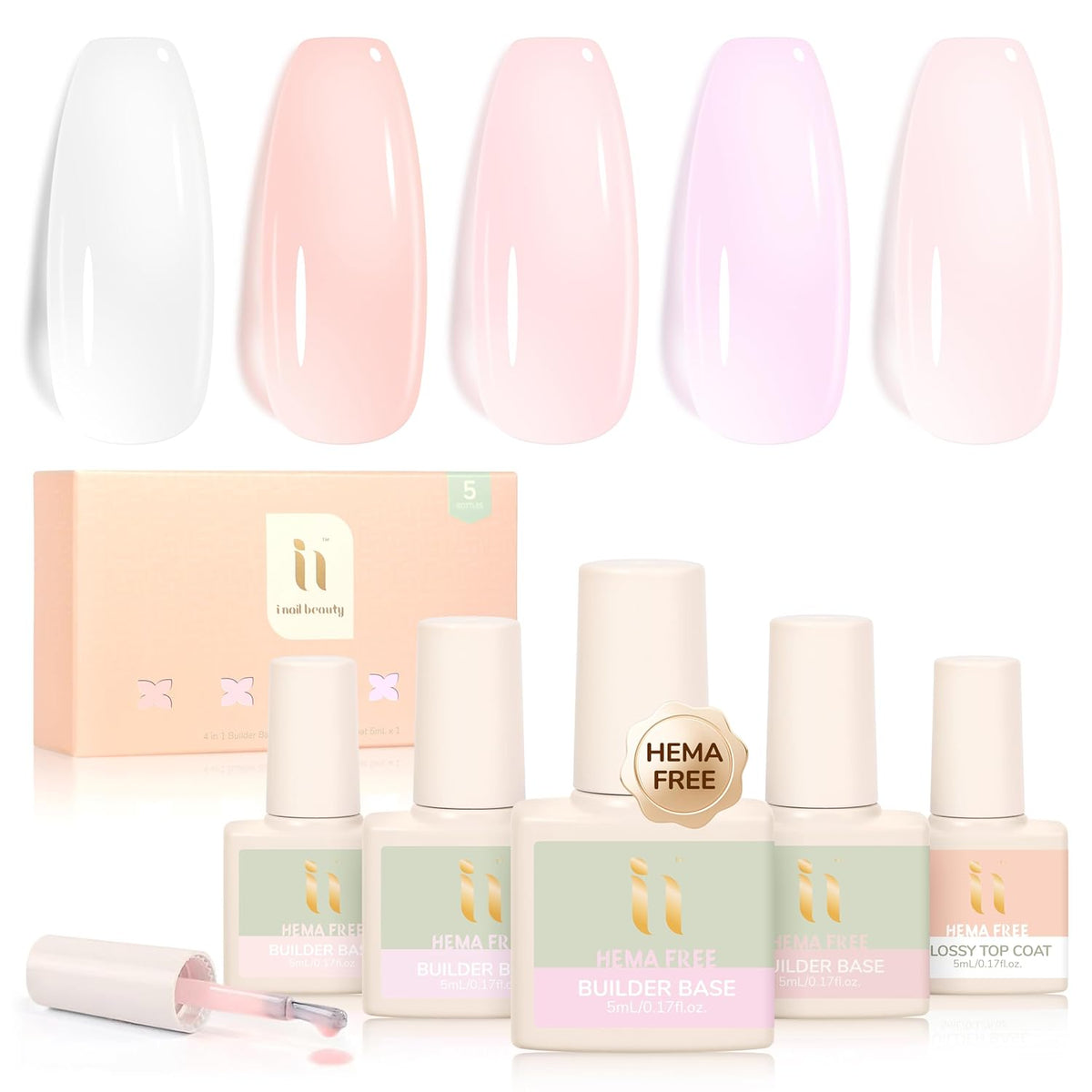 Rubber Base Builder Gel Strengthener Kit, With No Wipe Top Coat UV LED Curing, Hema Free, Vegan