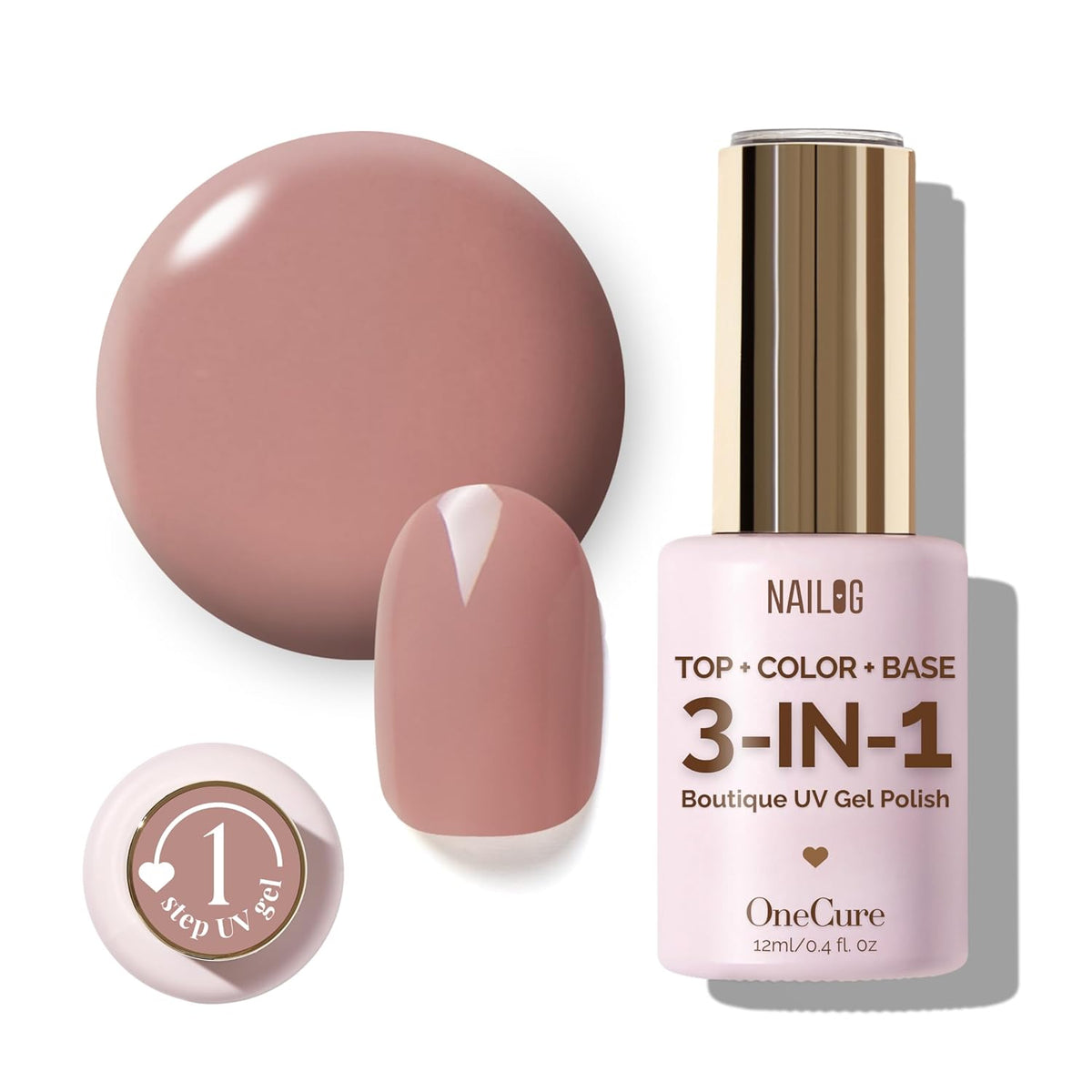 NAILOG One Step Nude Gel Nail Polish 12ml Top Coat Color Gel Base 3-In-1 Formula Soak Off UV Gel