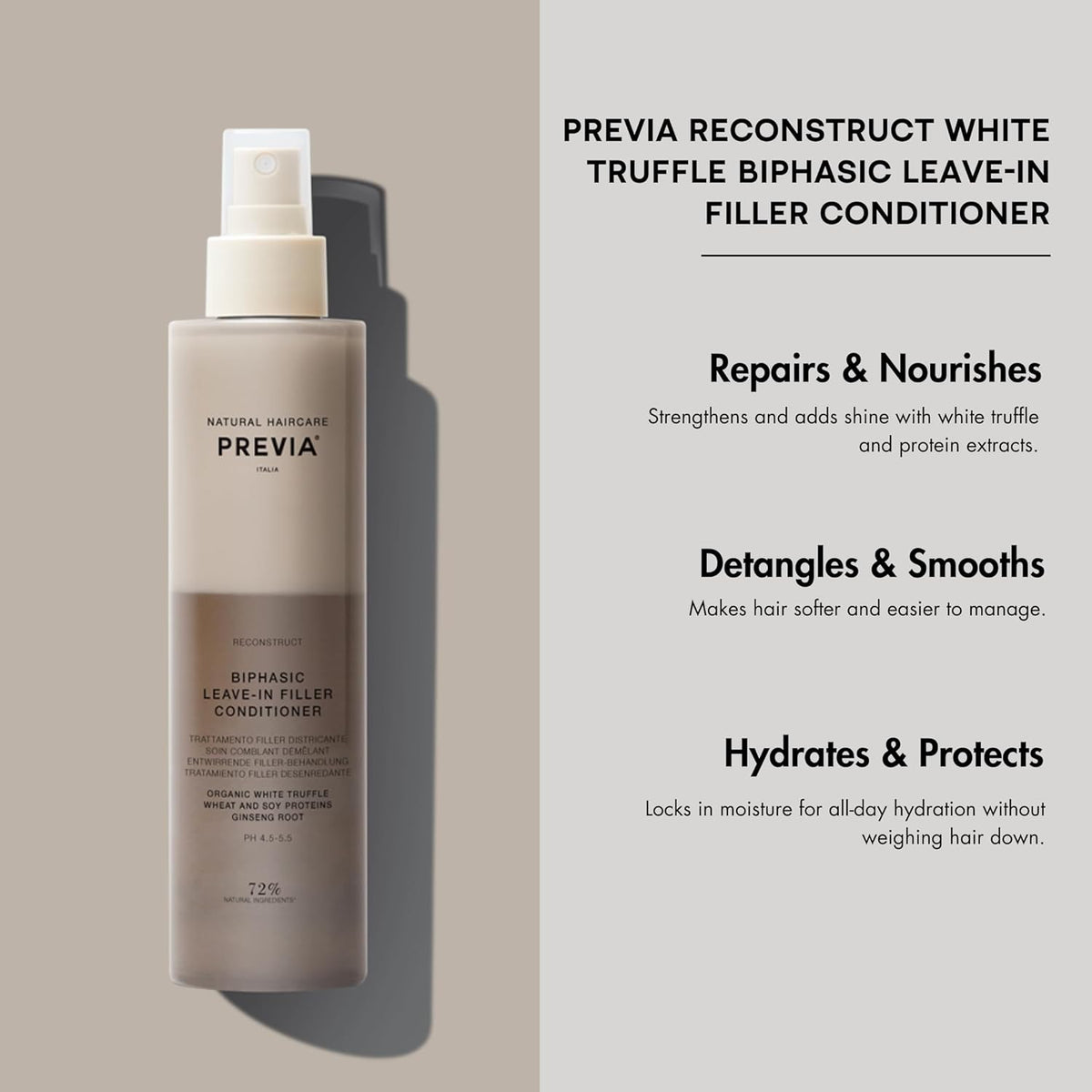 PREVIA Hydrating Biphasic Leave-In Conditioner Spray | Moisturizing & Anti-Frizz Reconstructive
