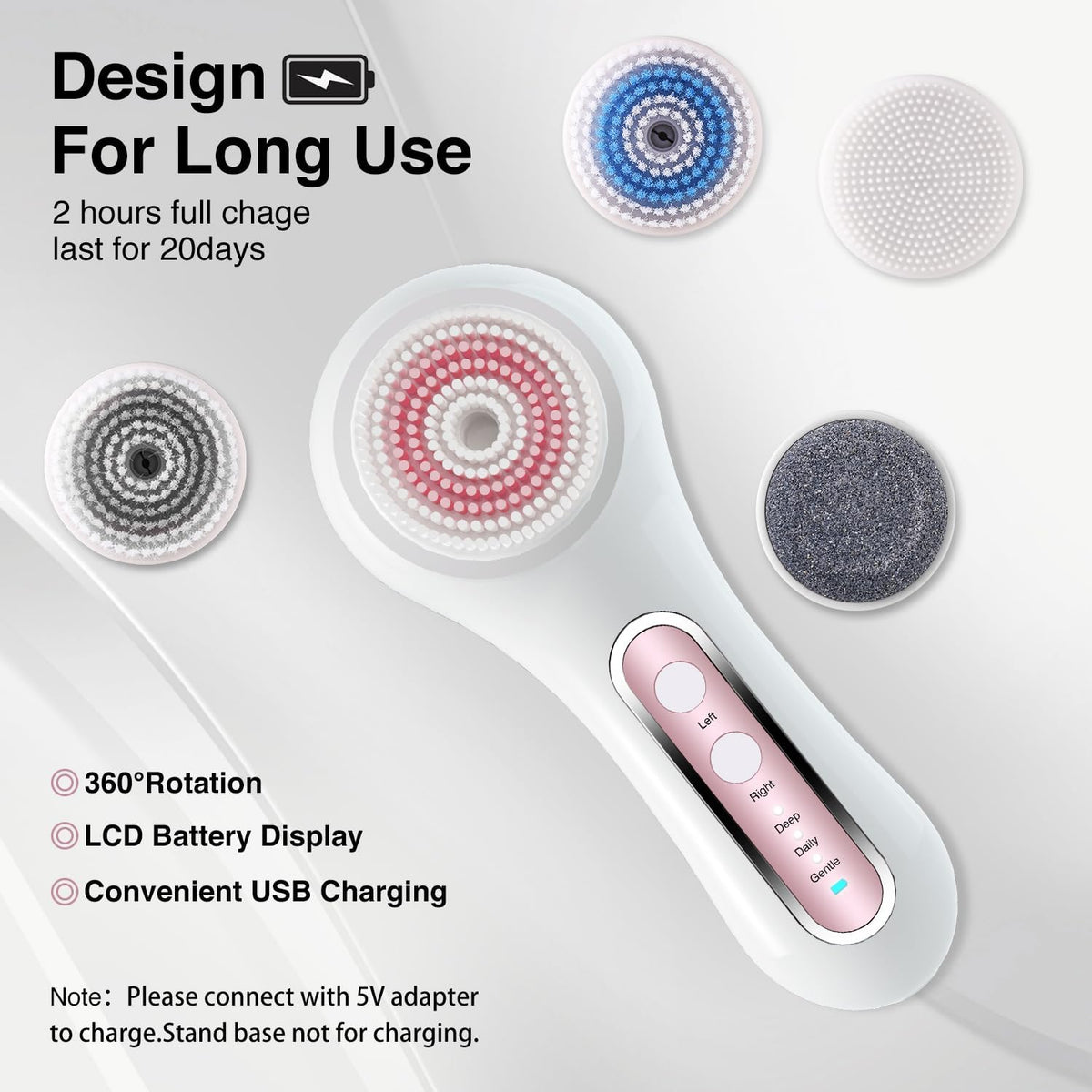 Face Scrubber Exfoliator,Facial Cleansing Brush Rechargeable IPX7 Waterproof with 5 Brush