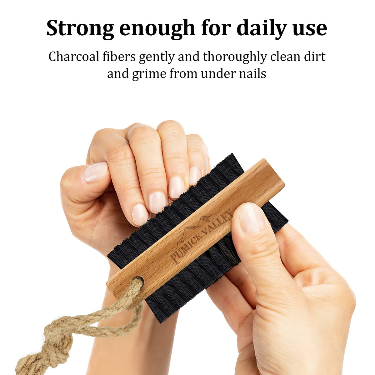 Wooden Cleaning Finger Nail Brush with Nylon Charcoal Bristles & Hanging Rope - Double-Sided