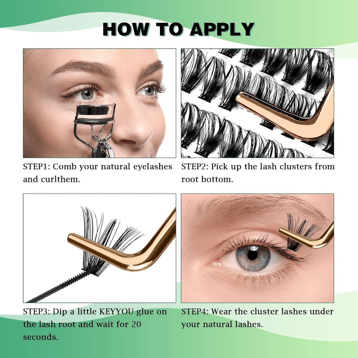 KEYYOU Lash Clusters 300pcs Individual Lashes 40D 0.07D Curl 9-18MIX DIY Eyelash Extension Large
