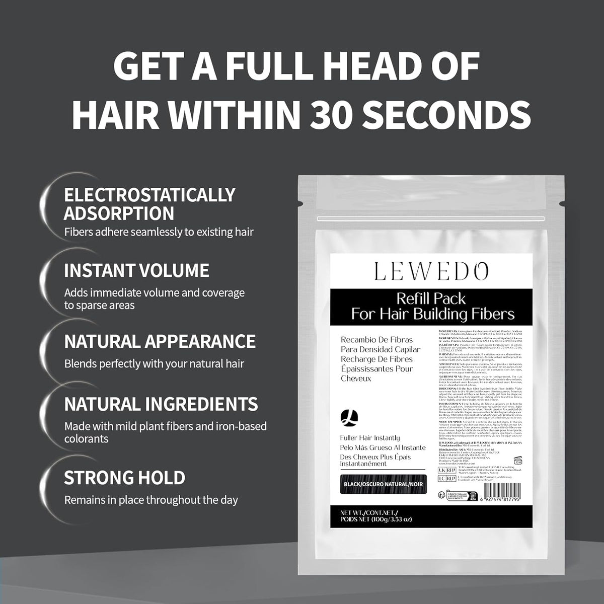 Hair Building Fibers Refill Pack - 100g Instant Thickening Fibers for Men & Women, Natural Cotton