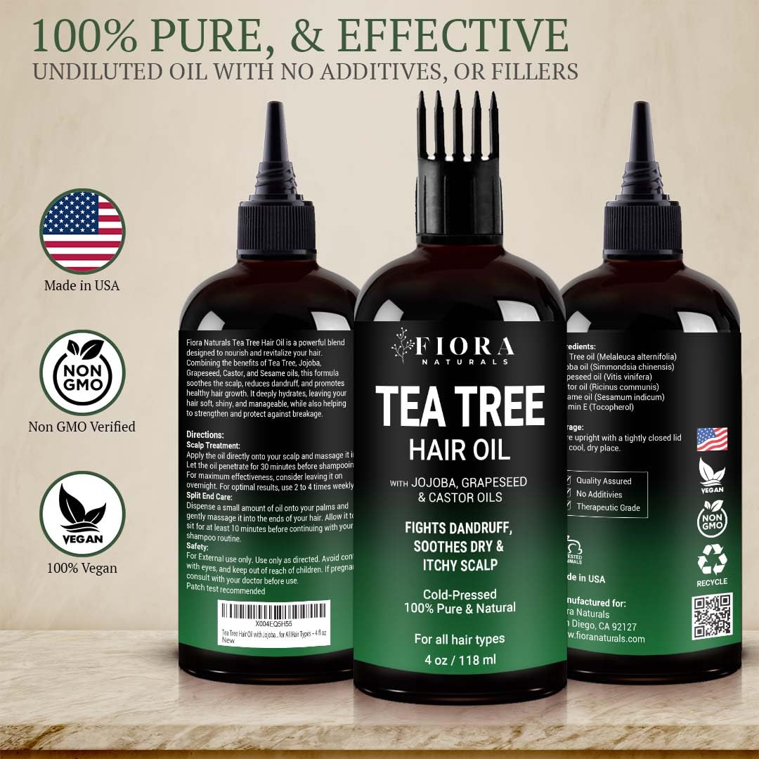 Fiora Naturals Tea Tree Oil for Hair and Scalp - with Jojoba, Grape Seed & Castor Oils - Helps hair