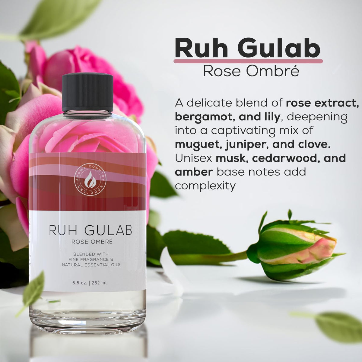 Aroma Country Ruh Gulab Diffuser Oil - Luxury Essential Oils for Diffuser Refill & Air Freshener
