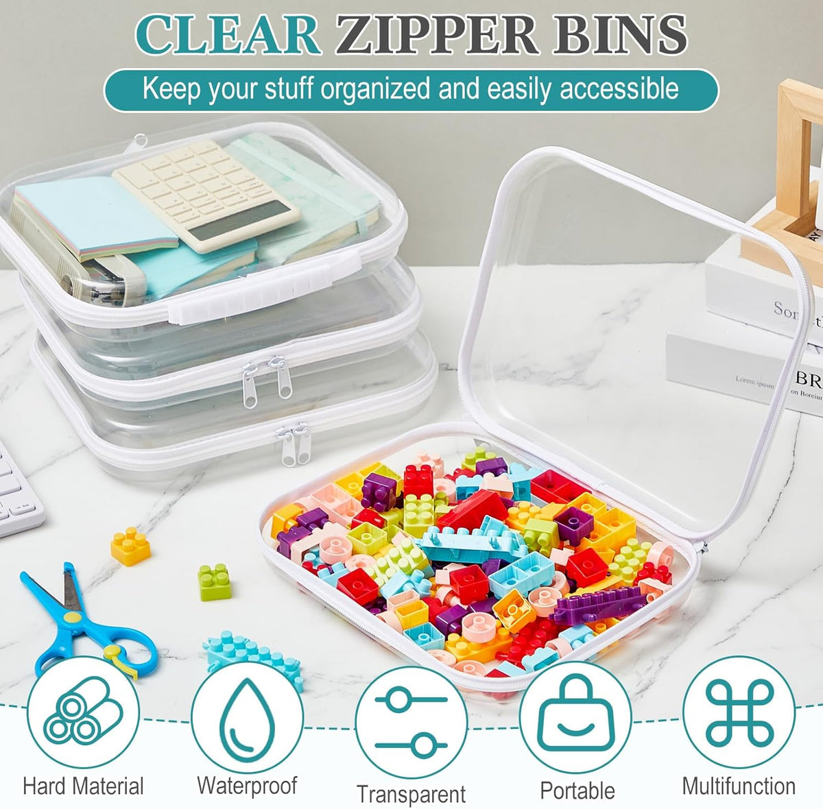 Sanwuta 4 Pcs Clear Hard Zipper Case with Handle Office Storage Cases Hard Plastic Pouches