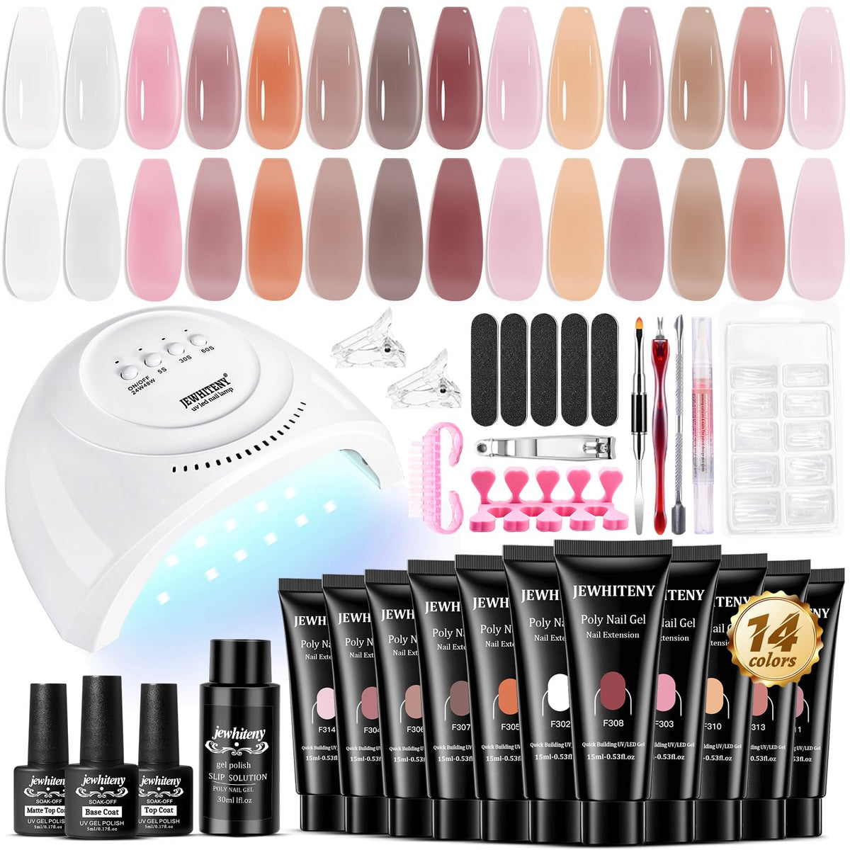 JEWHITENY Poly Extension Gel Kit With 48W LED Nail Lamp 14 Colors Builder Extension Gel All-in-One