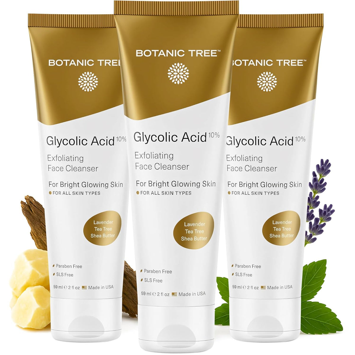 Botanic Tree Glycolic Acid Face Wash Travel Size (Pack of 3)- Facial Exfoliating Cleanser w/ 10%