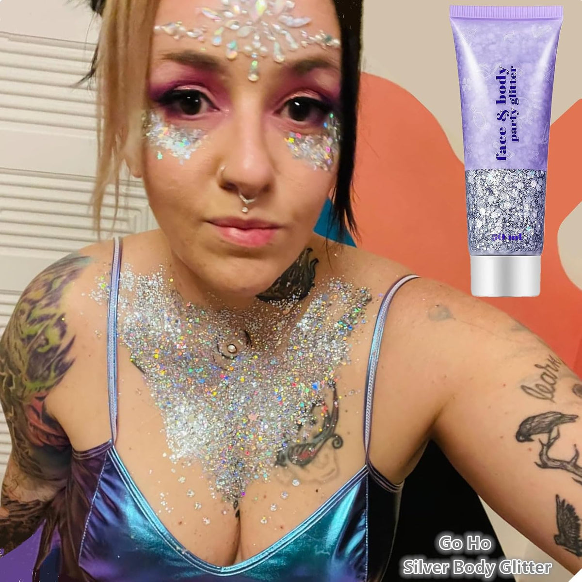 Go Ho Silver Face Body Glitter Gel,Singer Concerts Silver Face Paint Makeup,Holographic Chunky