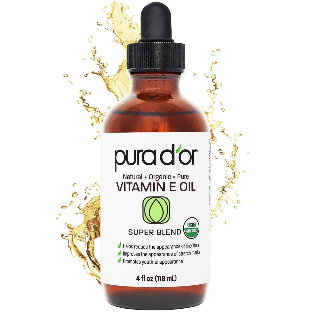 PURA D'OR 4 Oz ORGANIC Vitamin E Oil Blend - 100% Natural Hexane Free, Sweet Almond, Apricot