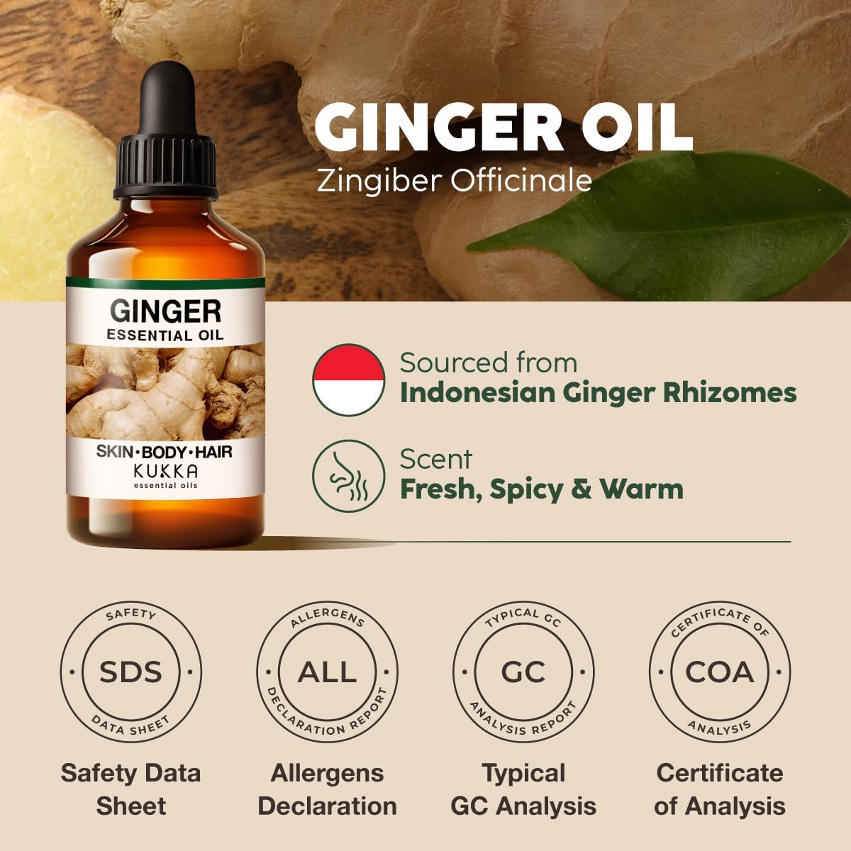 Kukka Ginger Essential Oil for Hair, Skin & Massage - 4 Fl Oz - Enjoy A Warm, Spiced, Ideal for