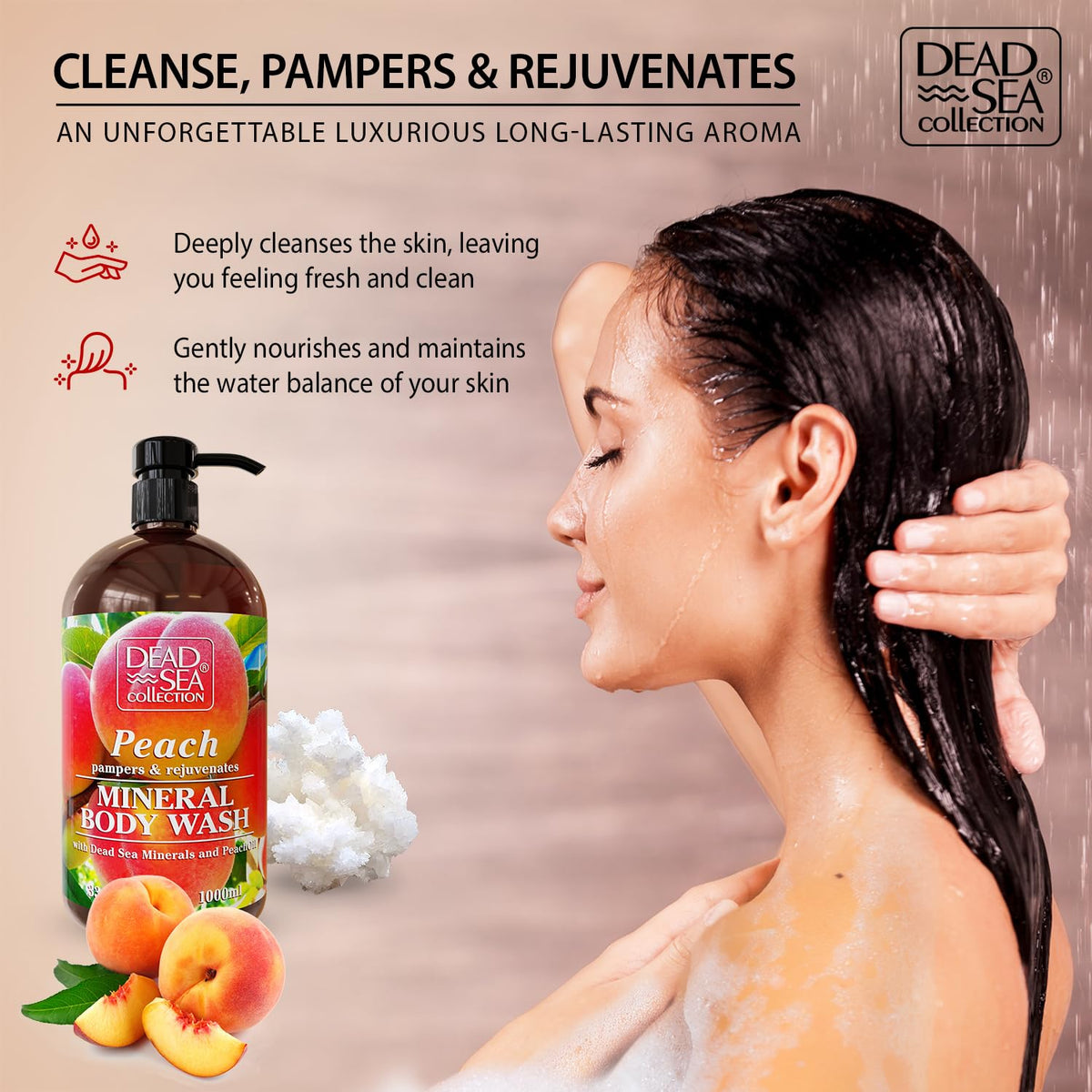 Dead Sea Collection Peach Body Wash for Women and Men - with Pure Dead Sea Minerals and Peach
