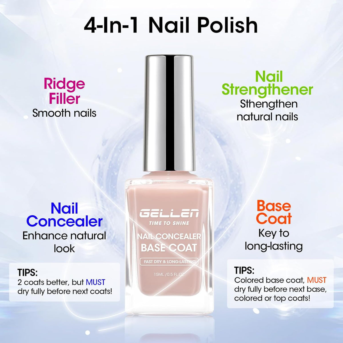 GELLEN 4-In-1 Nude Illuminating Nail Concealer Base Coat Polish Neutral Earth Tones, Sheer Nail