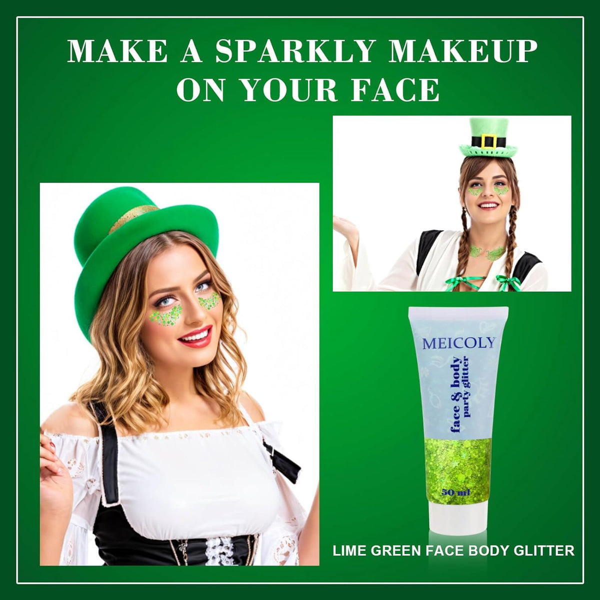 MEICOLY St Patricks Day Accessories,St Patricks Day Outfits for Women,Lime Green Face Glitter,Light