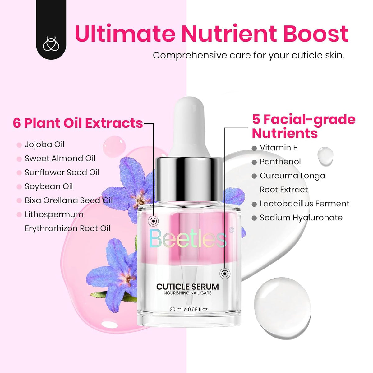 Beetles Cuticle Oil For Nails - 20ml Nail Care Strengthener Oil Stronger Nails Spa and Hand