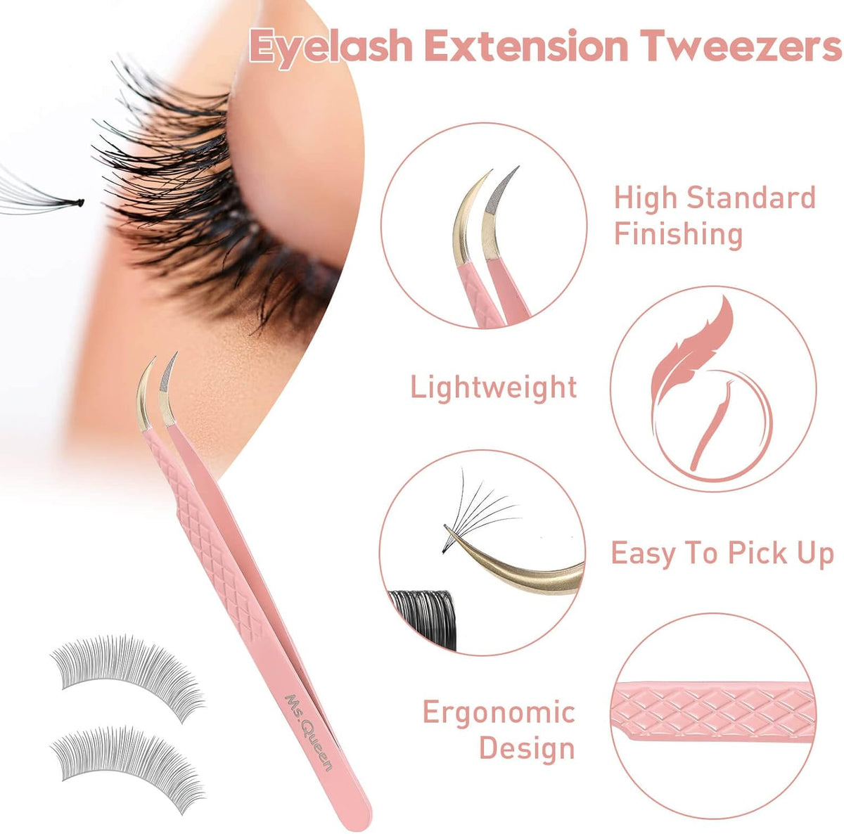 Ms.Queen Eyelash Extension Tweezers, Fiber Tip Grip Curved Lash Tweezers for Volume lashes