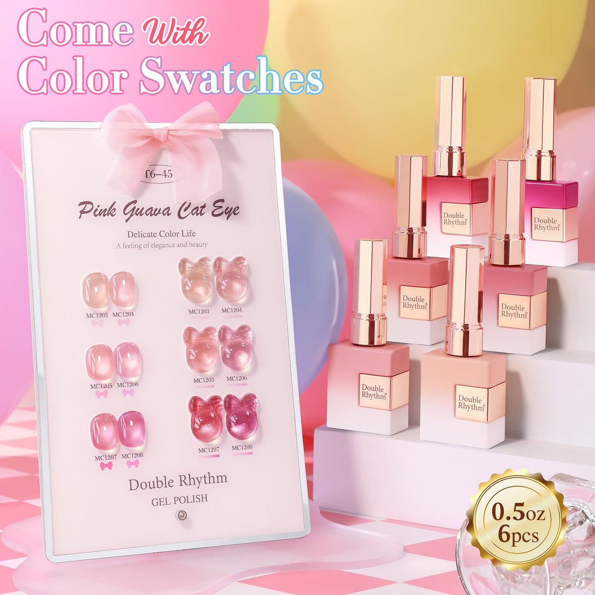 Double Rhythm Cat Eye Gel Nail Polish Set of 6 Same Color Same Bottle 0.5 Oz Shimmer Glitter with