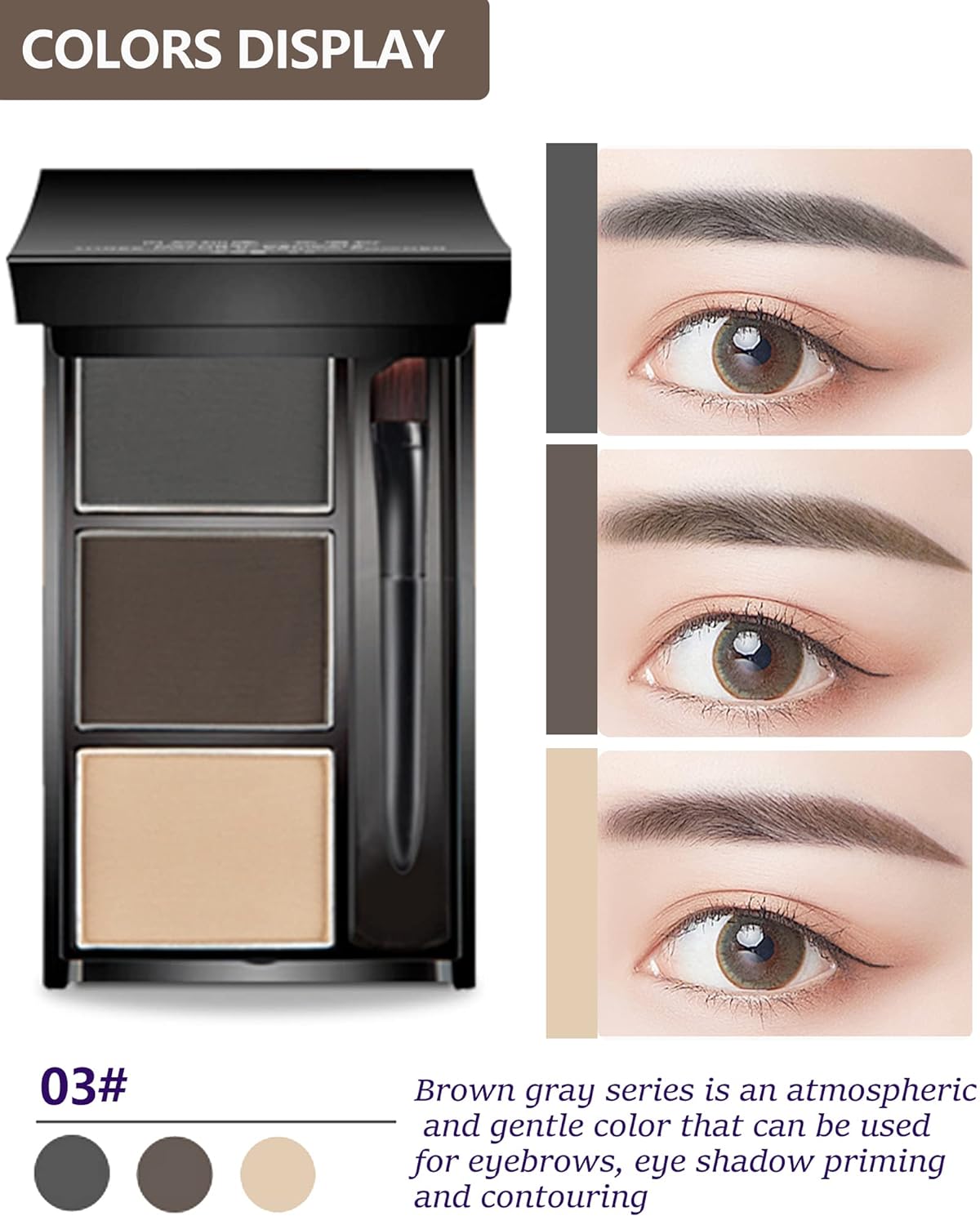 Eyebrow Powder Makeup Kit-3 Colors Eye Brow Powder Palette Long-Lasting Waterproof, Grey Brown