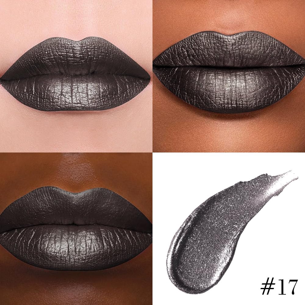 evpct Black Metallic Glitter Lip Liner and Lipstick Combo Lip Gloss Stain Set Makeup for Women Long