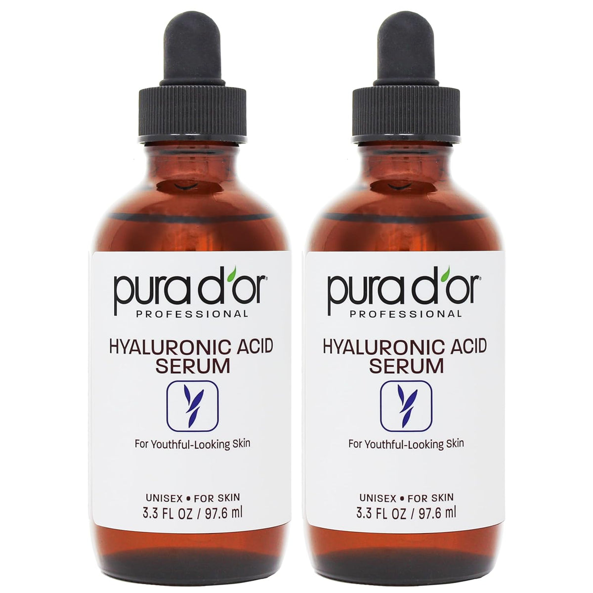 PURA D'OR Hyaluronic Acid Serum For Deep Hydration (3.3oz x2 = 6.6oz) Anti-Aging, Plumping &