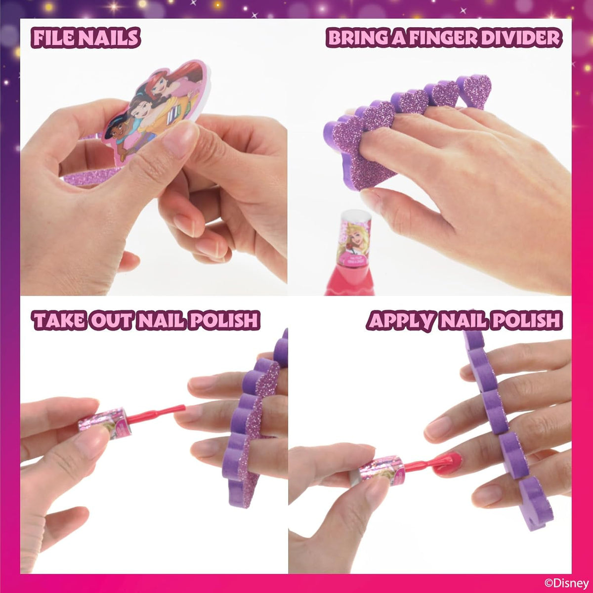 Disney Princess 15 Piece Water-Based Nail Polish with 3 Toe Spacers, Quick Dry, Peel Off, Gift Kit