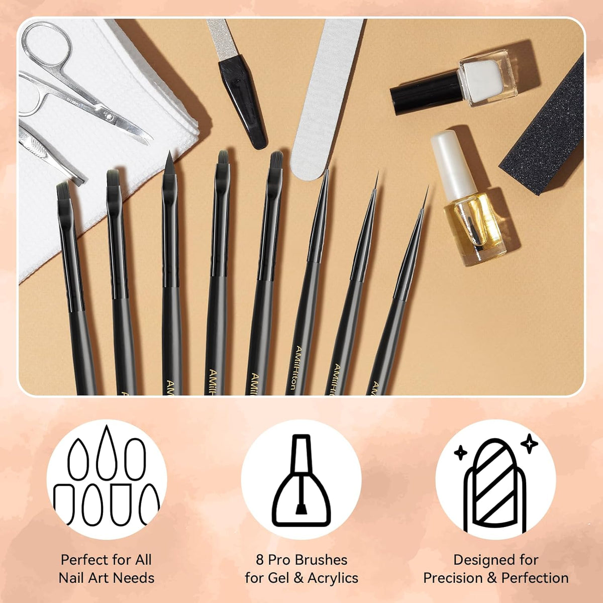 8PCS Nail Art Brushes for Builder Gel, Polygel & Polish – Flat, Round, Liner, French Tip & Detail