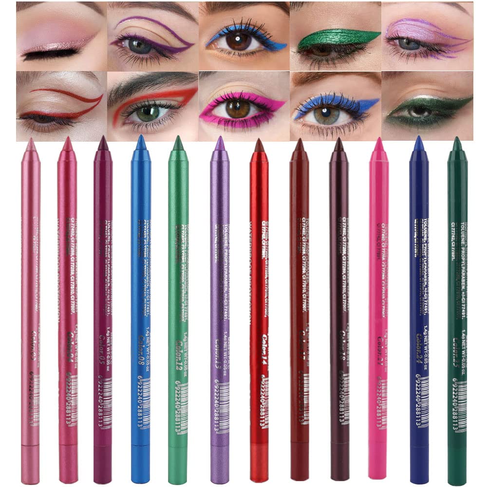 Kaely 12Pcs Glitter Gel Eyeliner Pencil Set for Women, Color Colorful Eye Liner Waterproof Smudge