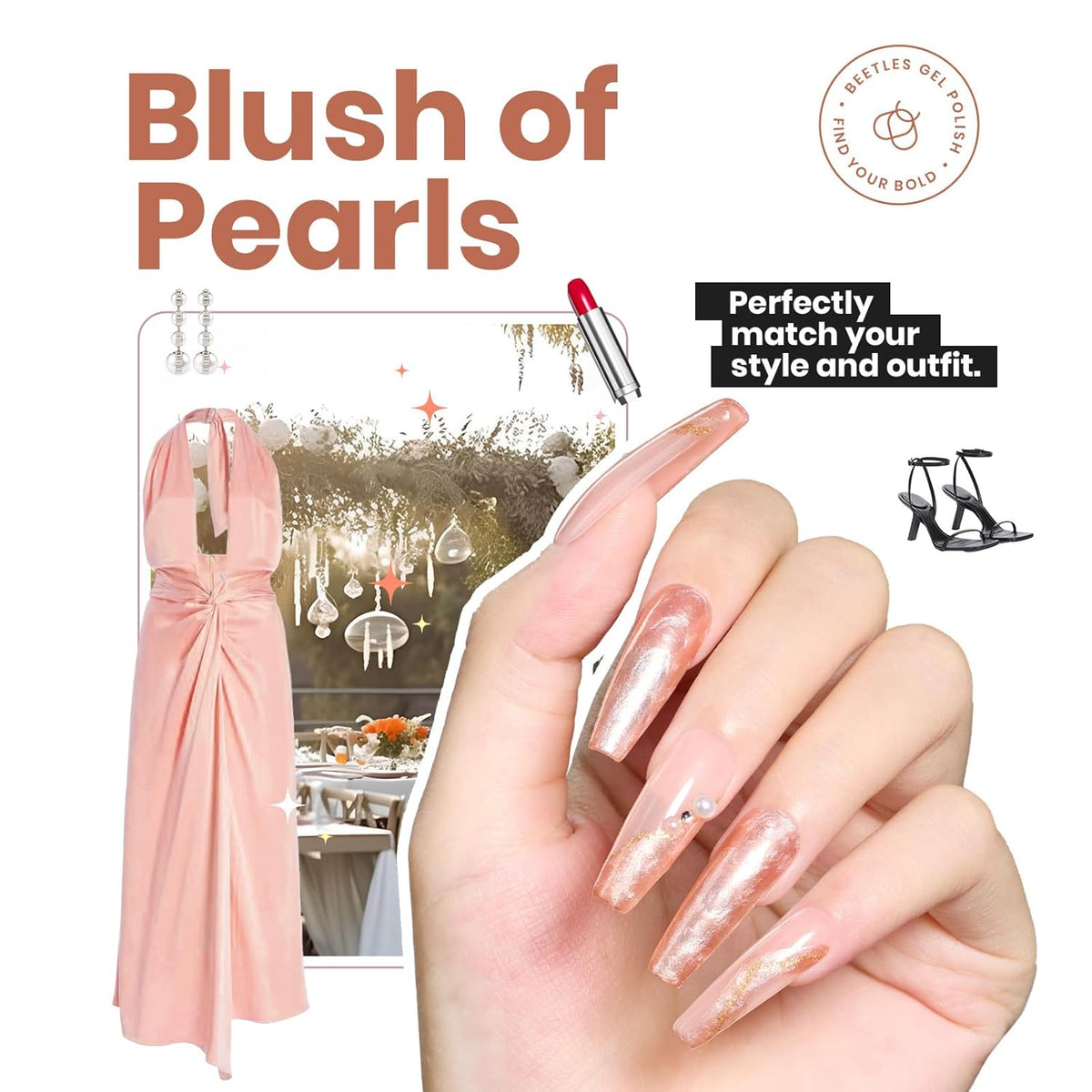 Beetles Pearl Nail Polish, 15ml Blush of Pearls Nail Polish, Champagne Pearl Color Fast Drying &