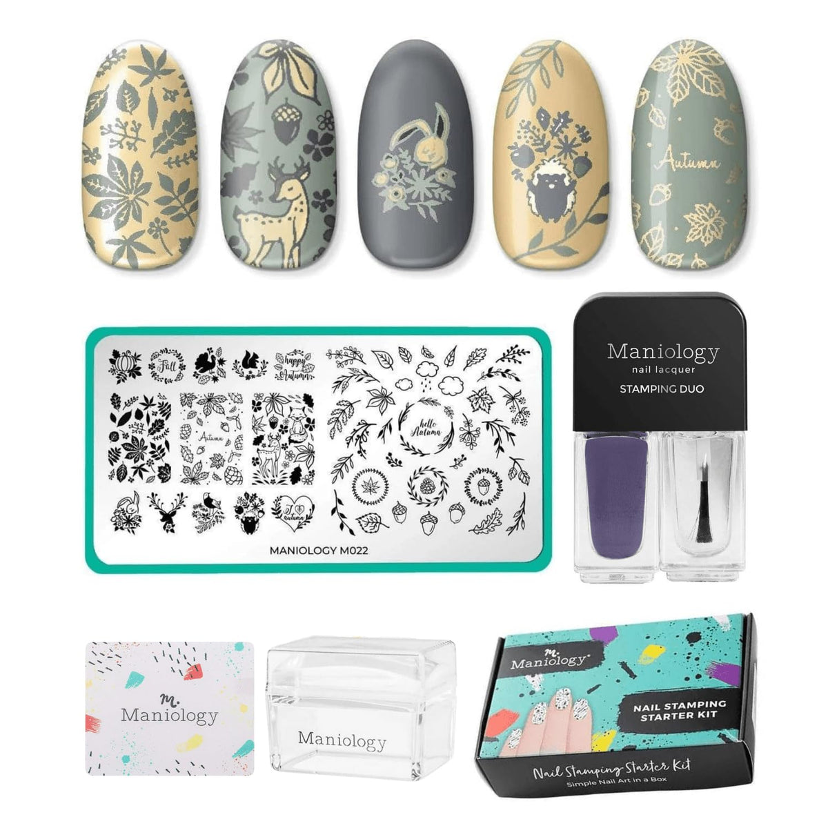 Maniology Friendly Forest Nail Stamping Starter Kit | Autumn Designs with Woodland Creatures, Fall