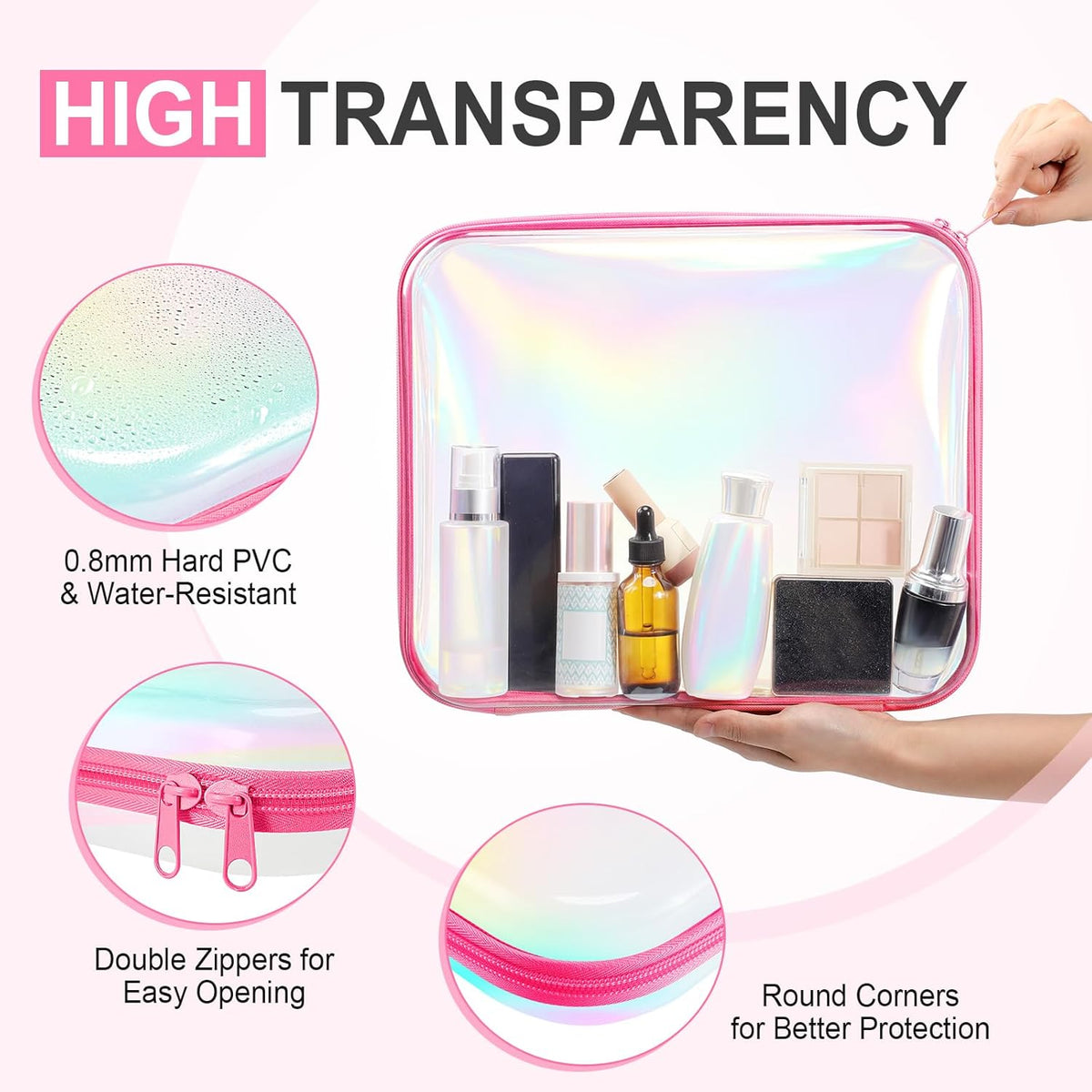 Hoolerry 3 Pcs Clear Hard Zipper Case Plastic Pouch Transparent Hard Case Clear Makeup Bag Portable
