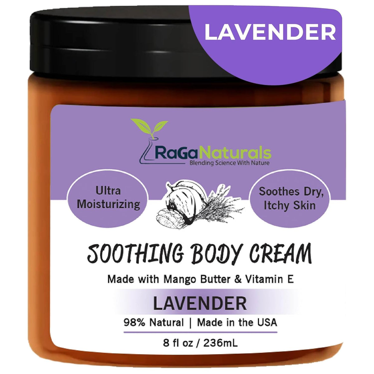 RaGaNaturals Calming Lavender Hand & Body Cream for Dry to Very Dry Skin - All Natural Vitamin E