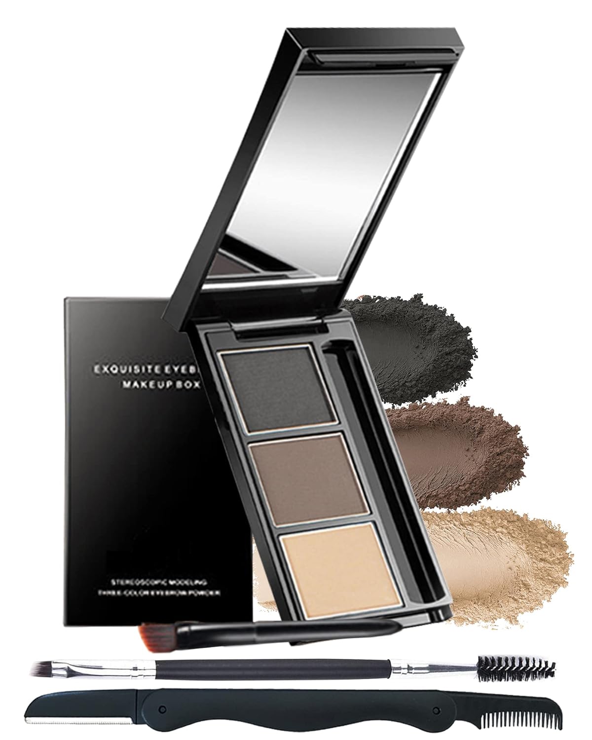 Eyebrow Powder Makeup Kit-3 Colors Eye Brow Powder Palette Long-Lasting Waterproof, Grey Brown